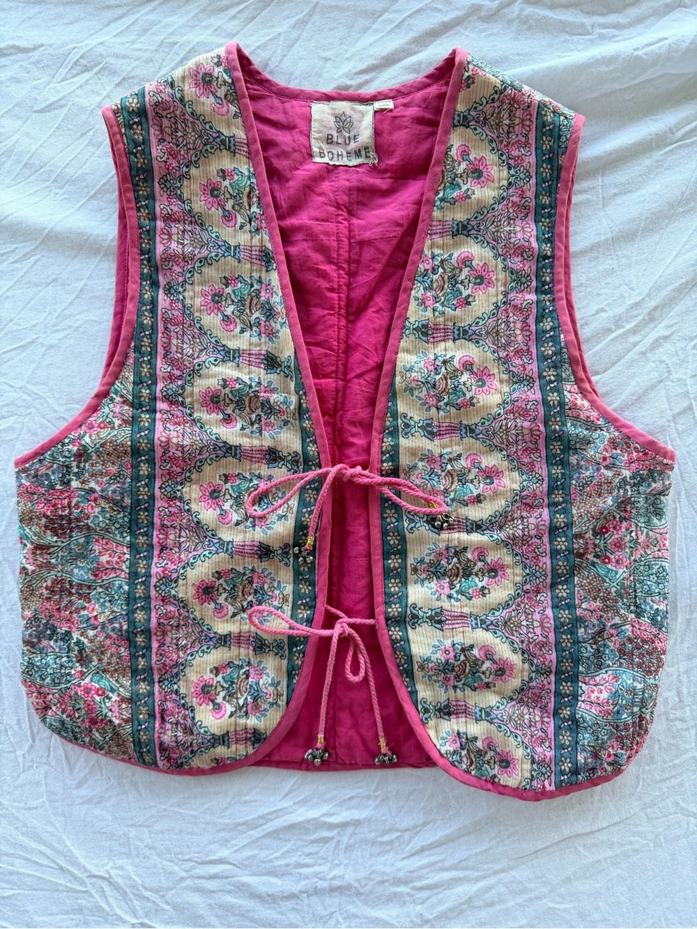 Blue Boheme boho cotton Pink Quilted Floral Tie-Front Vest M/L